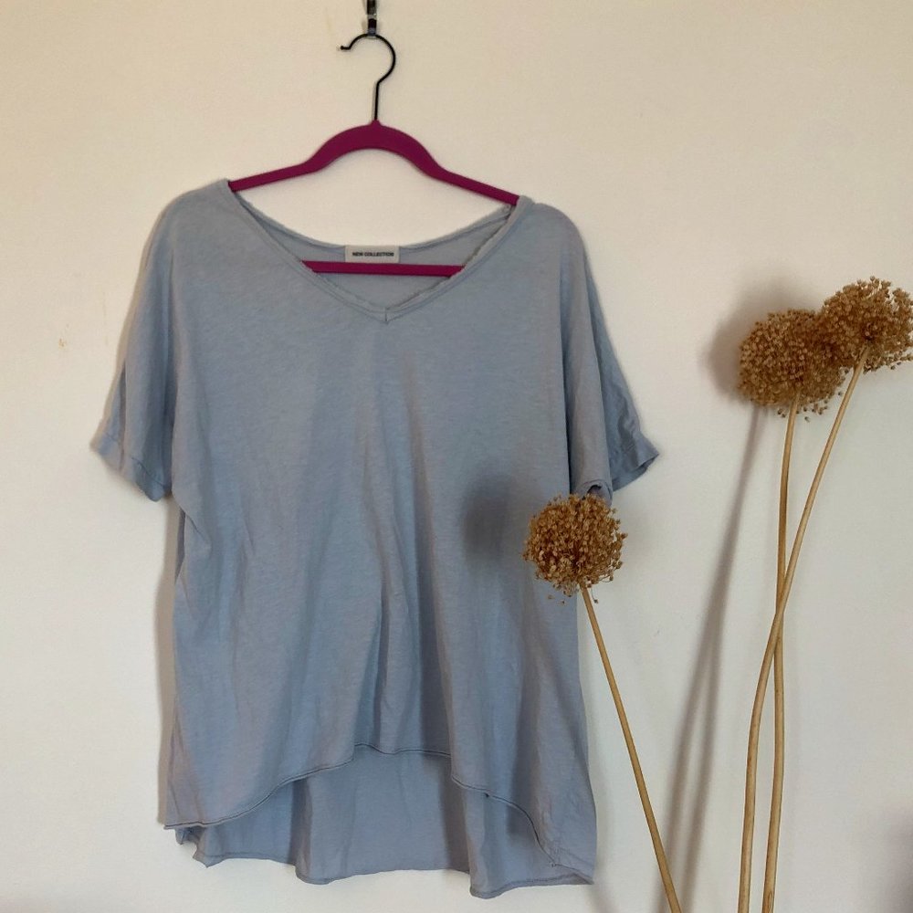 Pale Blue Oversized Vneck Cotton Stretch Tee - S M - Picture 2 of 7